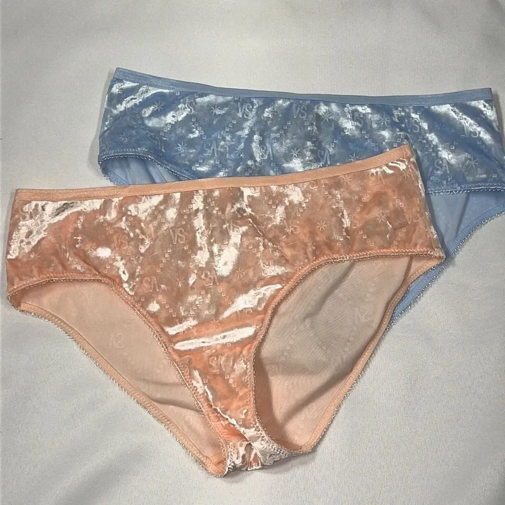VICTORIA’S Secret Velour Hiphugger Panties Blue & Peach Sz L NWT